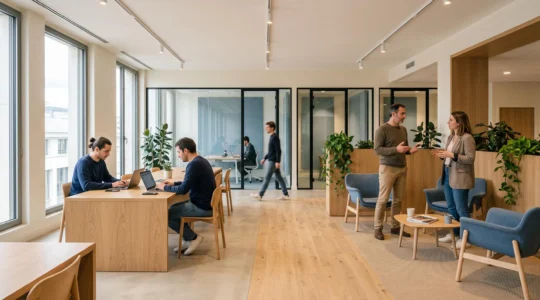 Plateau de bureaux réaménagé avec zones de co-working interne, lounge d'échange informel et salles de concentration vitrées, employés en activité.